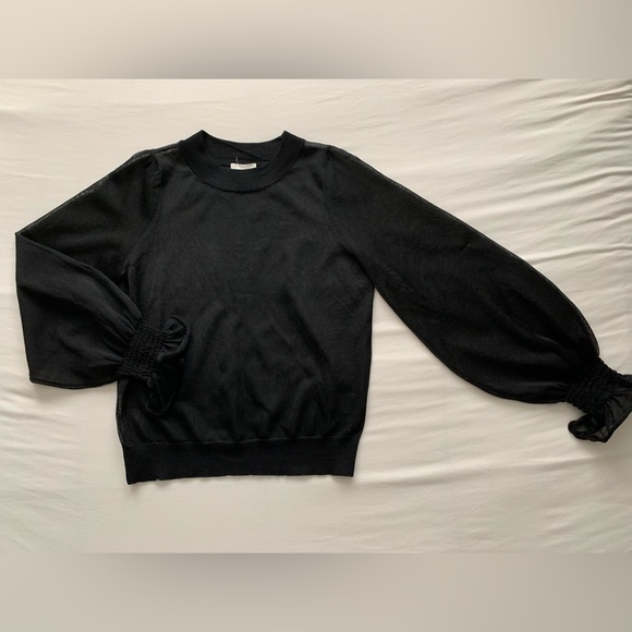 Women’s Sheer Black Mockneck Blouse with Bell Sleeves - Picture 2 of 6